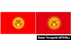 Кыргызстандын азыркы туусу (солдо) жана желектин сунушталып жаткан жаңы варианты (оңдо).