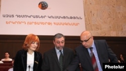Armenia -- Anush Sedrakian (L) and other leaders of the Free Democrats open a party congress in Yerevan, 16Mar2012.
