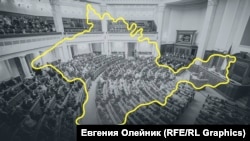 Колаж: обриси Криму на тлі сесійної зали Верховної ради